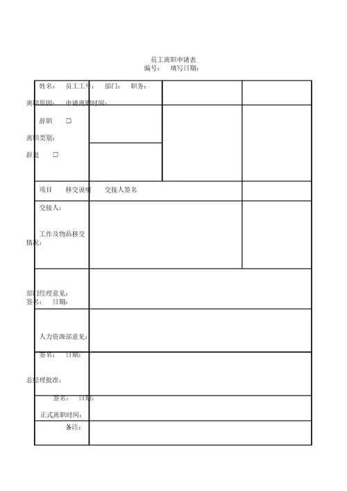 员工离职申请表格模