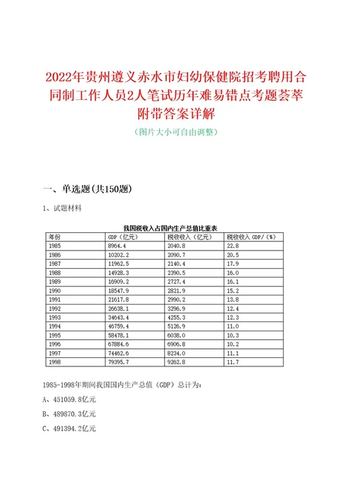 2022年贵州遵义赤水市妇幼保健院招考聘用合同制工作人员2人笔试历年难易错点考题荟萃附带答案详解