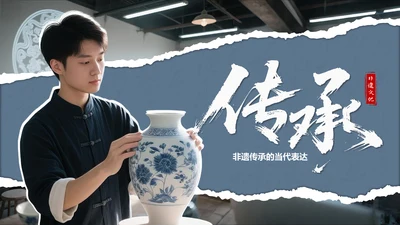 蓝灰色国风非遗传承的当代表达PPT模板