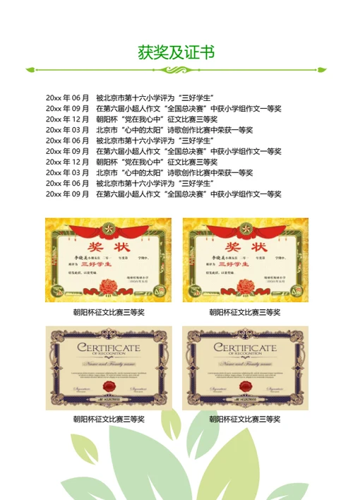 小升初优秀班干部简历