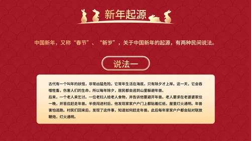 红色国风兔年插画快乐过新年春节科普班会PPT模板
