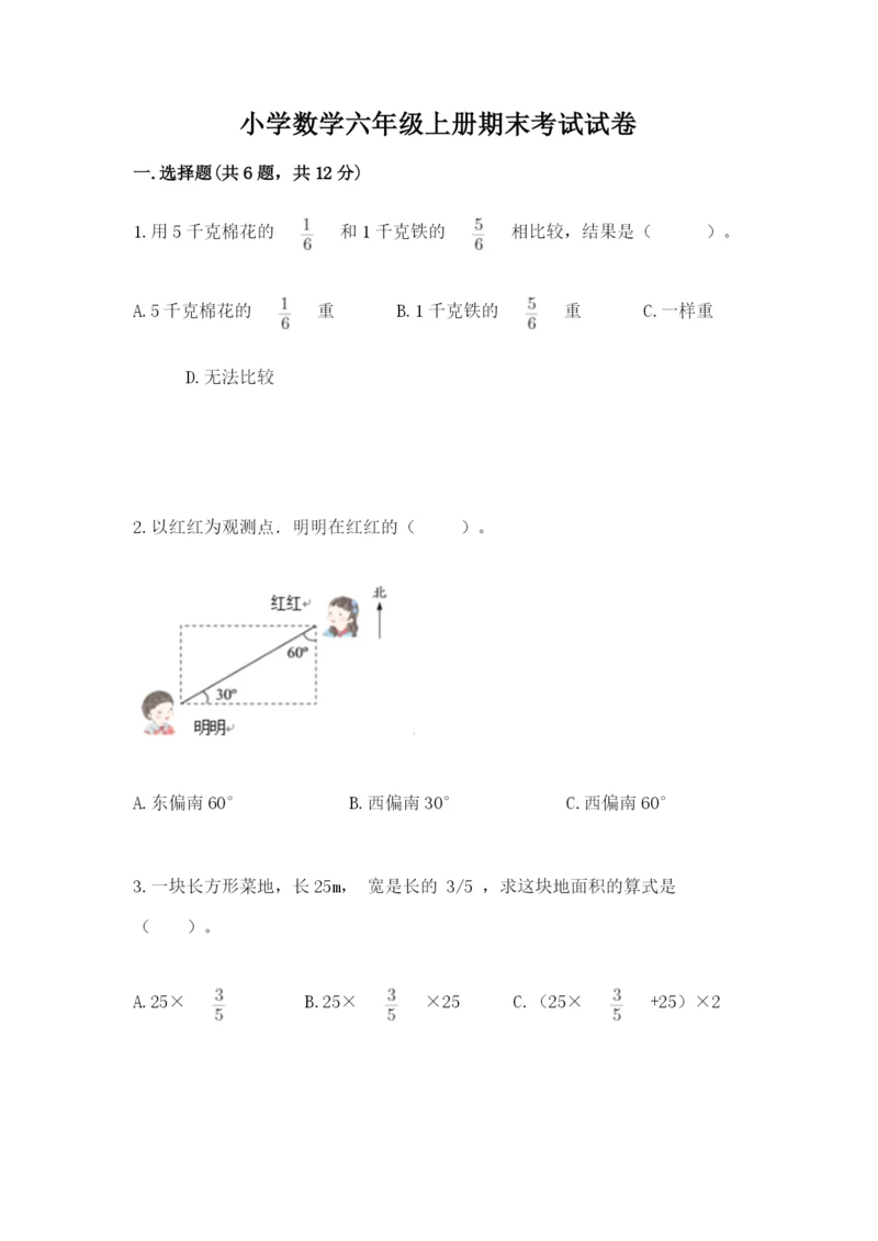 小学数学六年级上册期末考试试卷加解析答案.docx