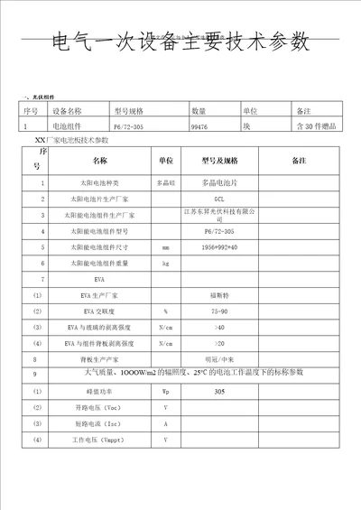 电气一次设备组主要技术参数组件