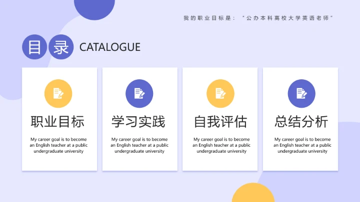 紫色简约风英语专业大学生职业生涯发展展示（大学英语老师方向）PPT模板