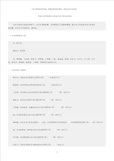 校园安全学校安全管理领导小组及安全工作岗位职责
