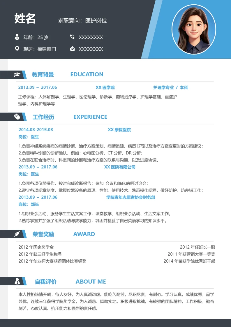 高端蓝色简约个人简历求职简历医护士岗位通用模版