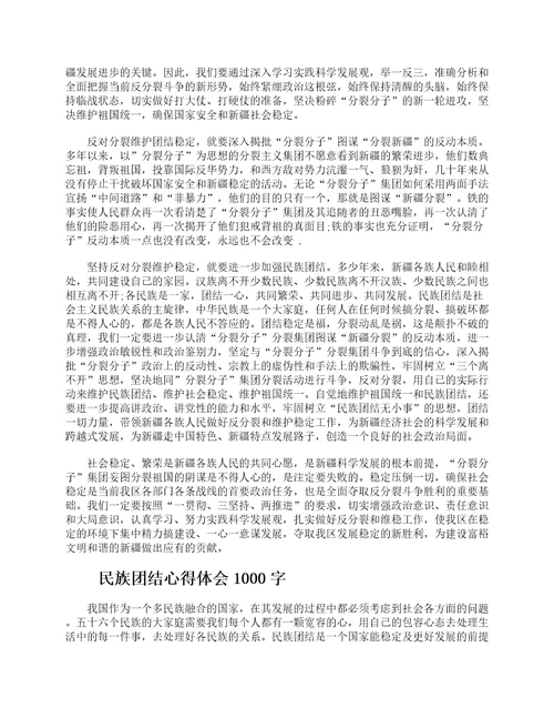 民族团结心得体会1000字民族团结领悟与收获范文