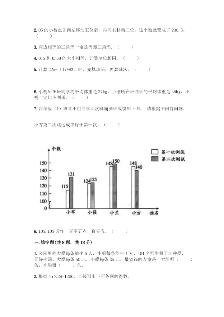 小学四年级下册人教版数学期末测试卷【实验班】.docx
