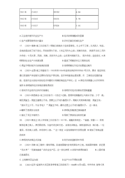 2022年高考历史专题复习：表明、说明类 选择题热考练习题（含答案解析）