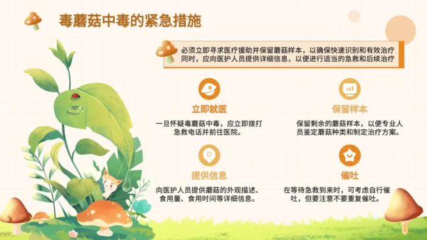 橙色卡通风毒蘑菇识别与误食应急处理PPT
