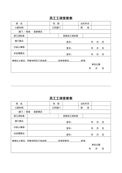 员工工资变更表word表格模板