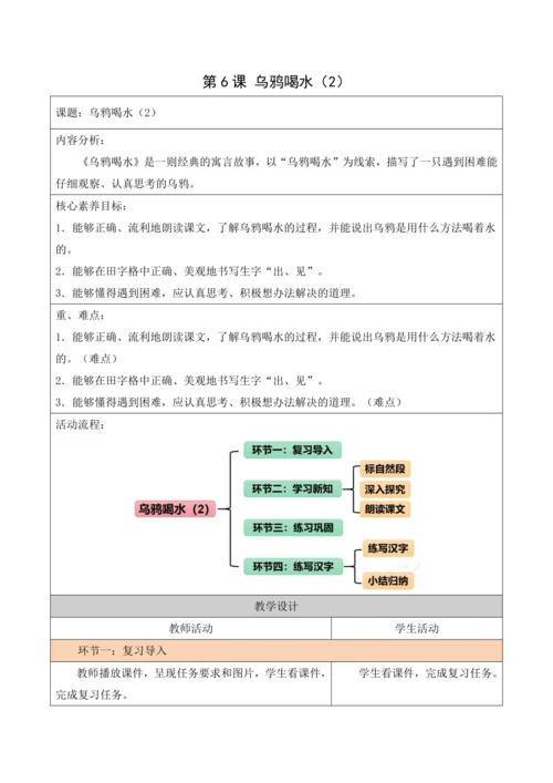 部编1A 第8单元 第6课 乌鸦喝水（2）教学设计