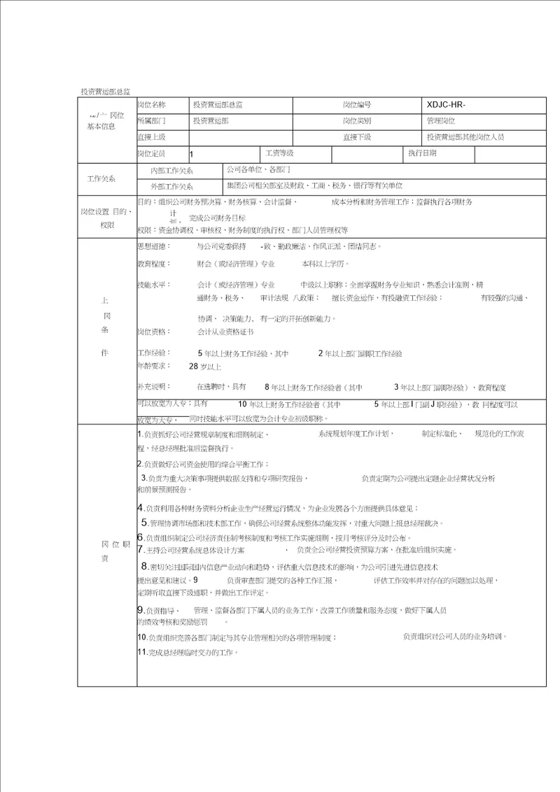 投资营运部岗位职责