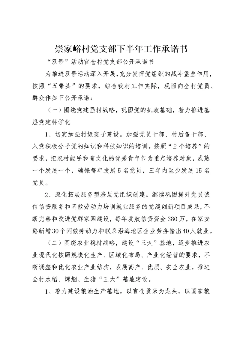 崇家峪村党支部下半年工作承诺书