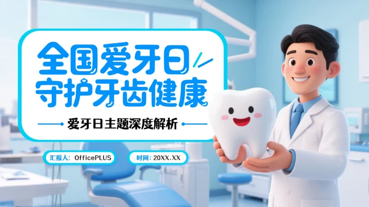 蓝色3D风爱牙日主题深度解析PPT模板
