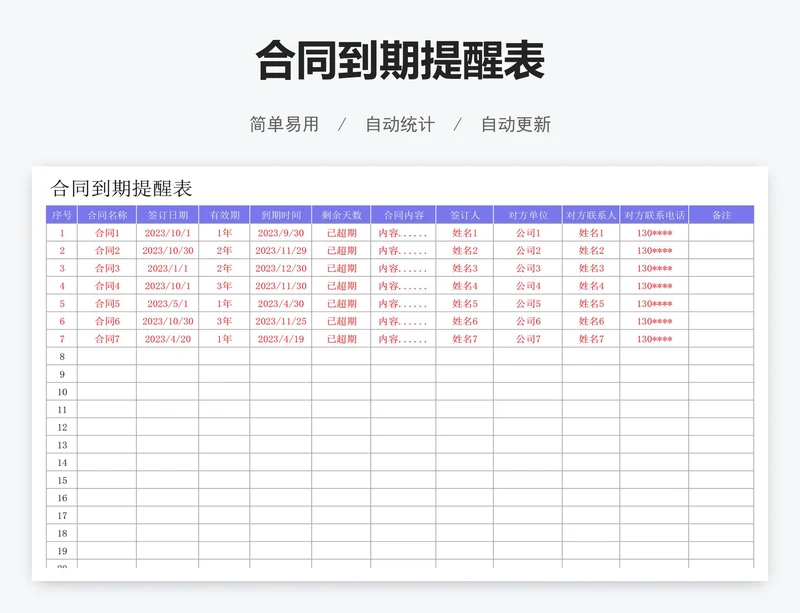合同到期提醒表