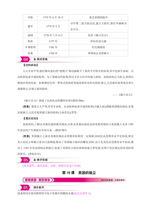 【2024秋统编九上历史精讲课堂（教案+素材）】第18课 美国的独立