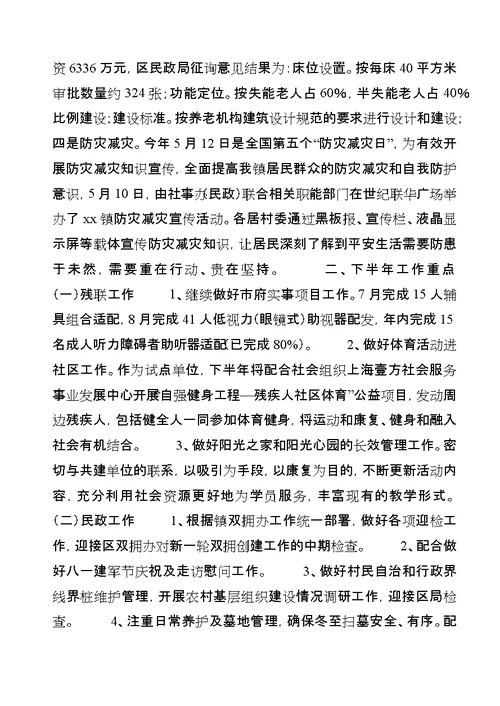 社事办民政上半年工作总结及下半年工作重点