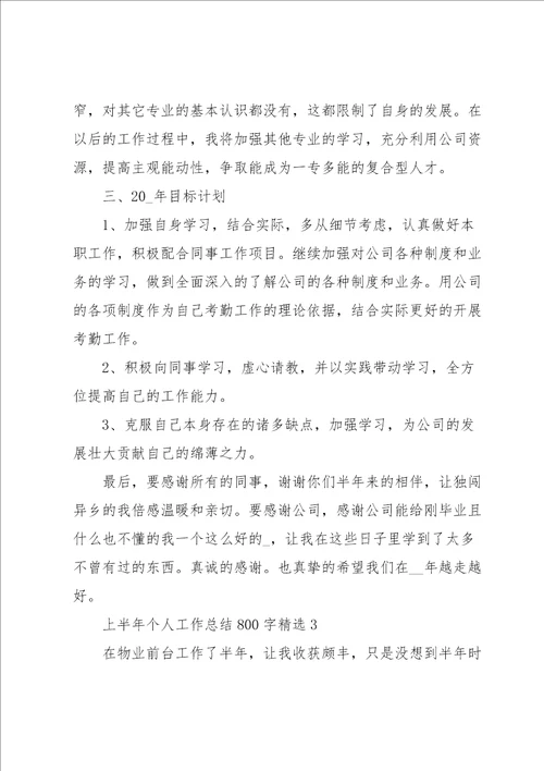 上半年个人工作总结800字