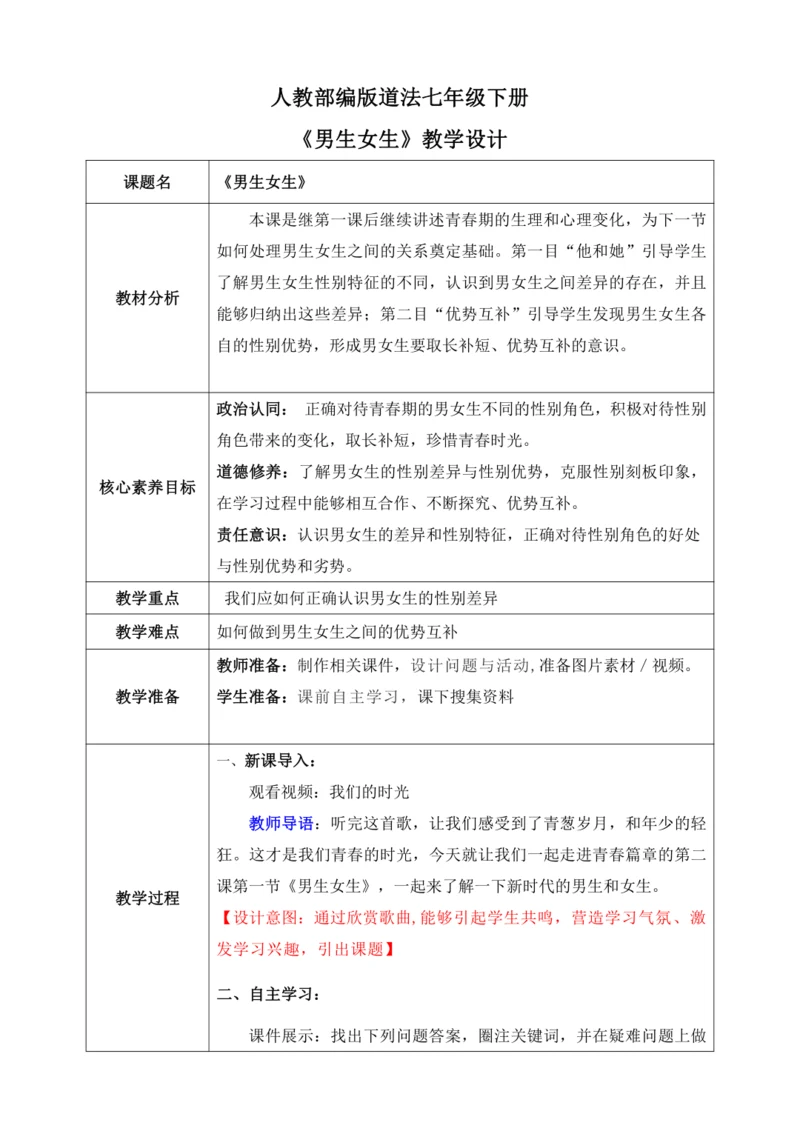 【核心素养目标】2.1男生女生（教案）【2023春统编版七下道法精品备课】