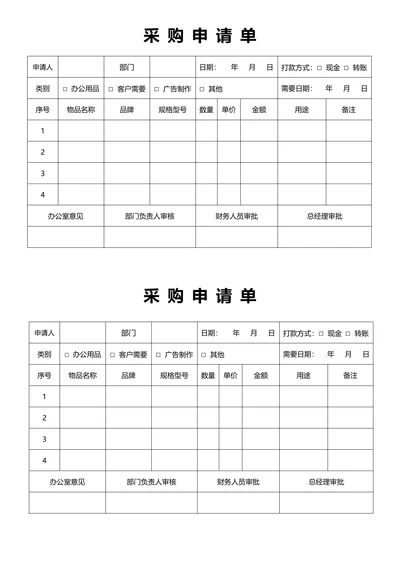 申请单表格员工物品采购申请单采购单