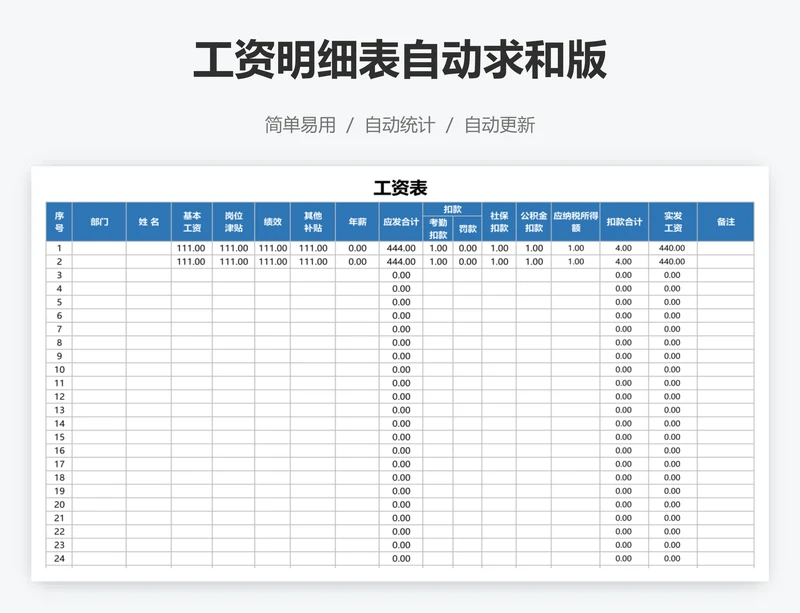 工资明细表自动求和版