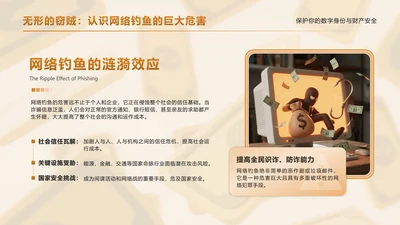 金色卡通立体网络钓鱼反诈科普PPT单页