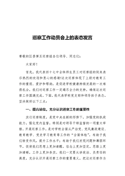 巡察工作动员会上的表态发言（学校）