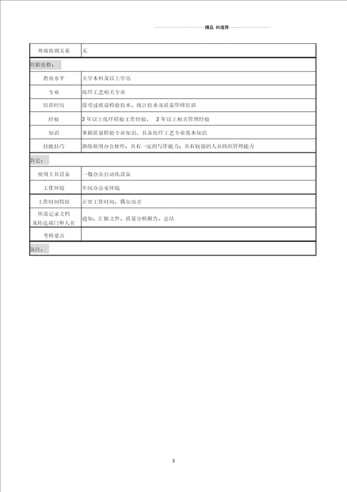 湖北新丰化纤公司质量管理部化纤检验工程师职务说明书