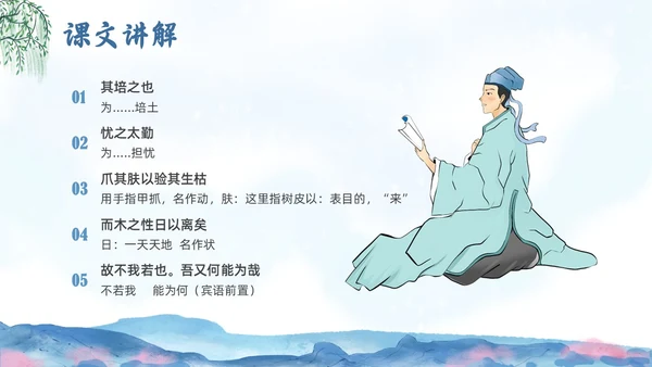 蓝色水墨水彩清明种树郭橐驼传PPT课件