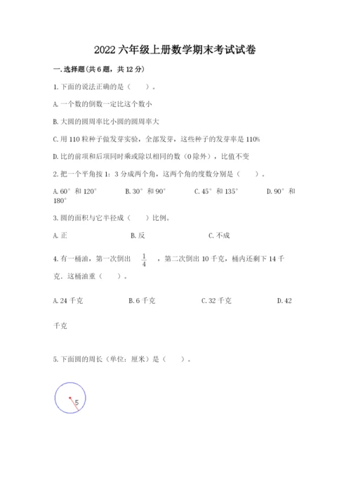 2022六年级上册数学期末考试试卷（全优）word版.docx