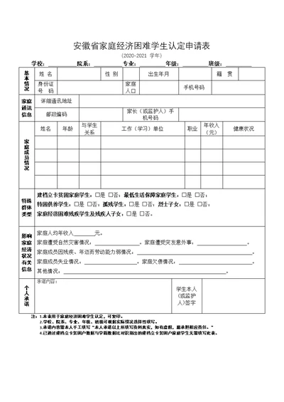 安徽省家庭经济困难学生认定申请表