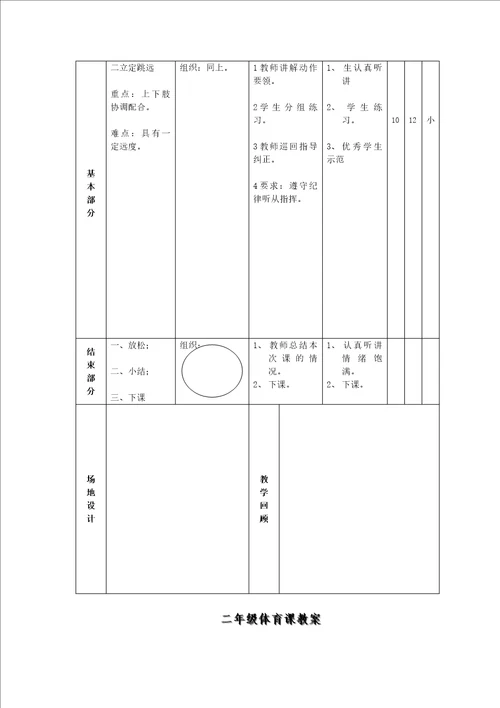 小学体育下学期备课教案