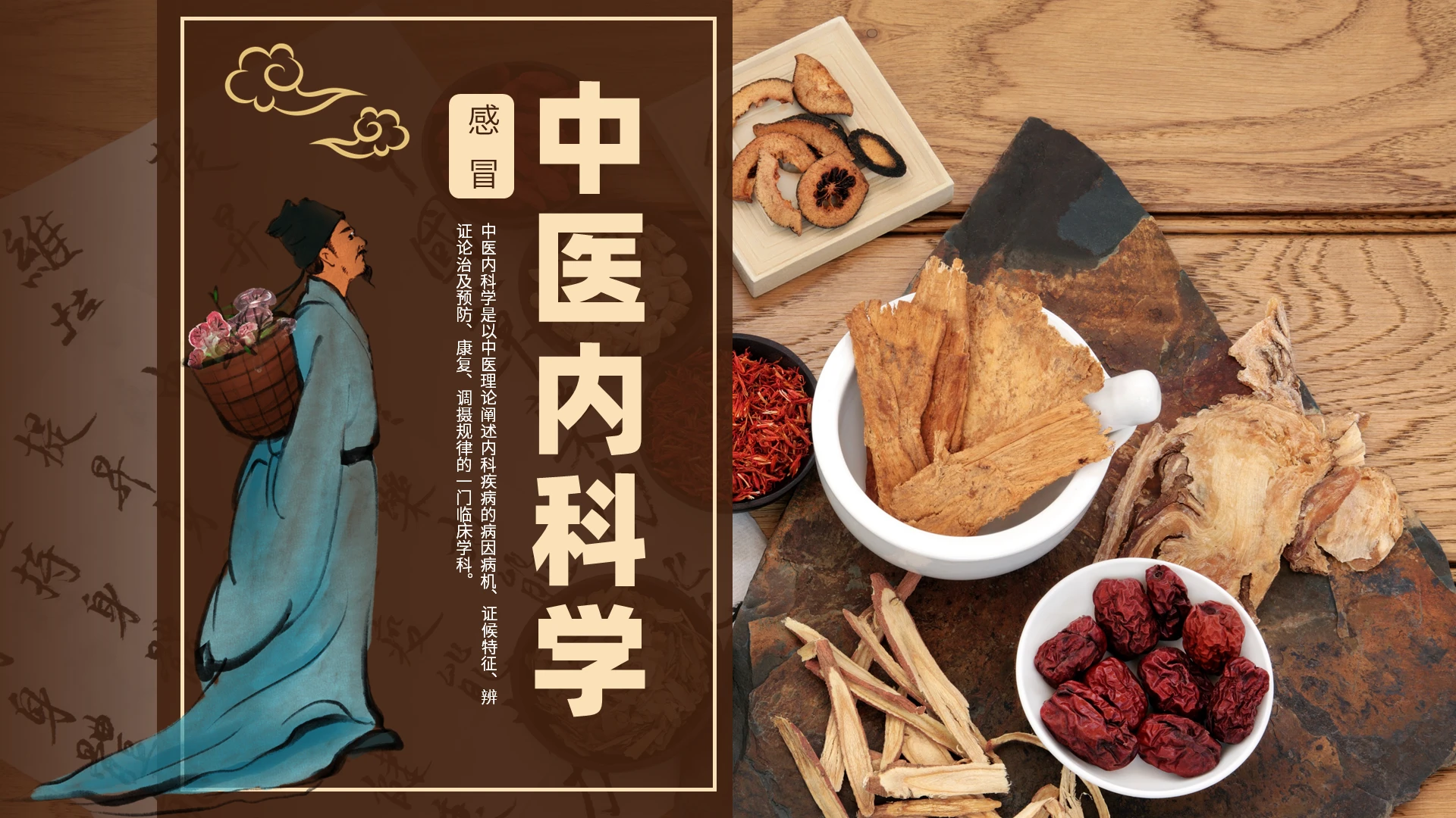 褐色简约风中国内科学宣传介绍教育课件PPT模板中医