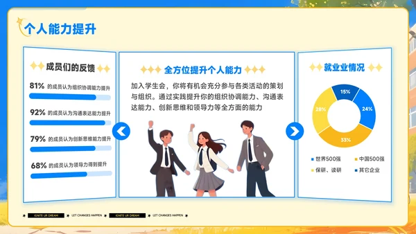 蓝黄色插画风学生会招新PPT模板