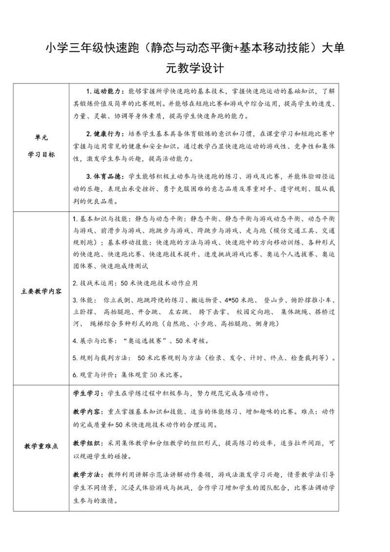 小学体育与健康三年级 快速跑（静态与动态平衡+基本移动技能）大单元教学设计