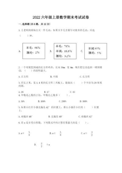 2022六年级上册数学期末考试试卷加答案解析.docx