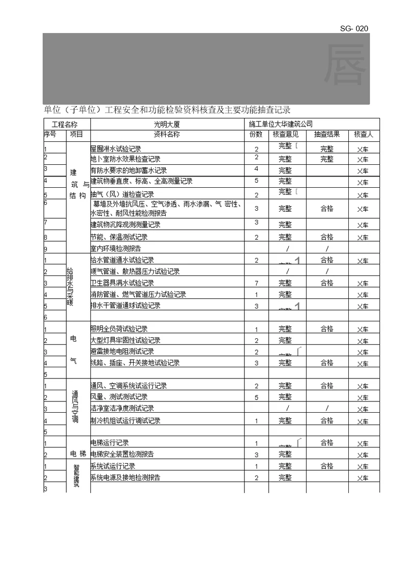 单位工程安全和功能检验核查及主要功能抽查记录