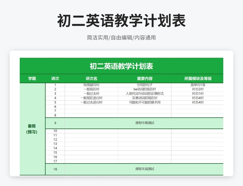 简约风初二英语教学计划表