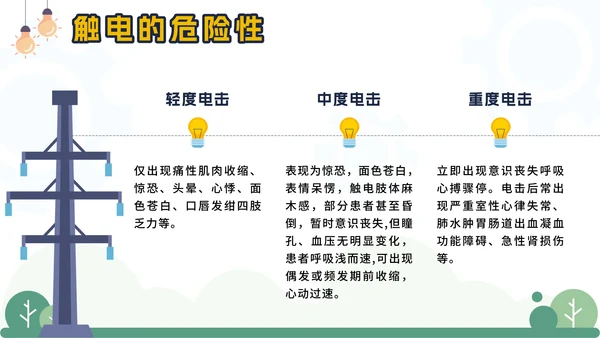 黄色卡通电塔儿童用电安全主题班会课带内容PPT模板
