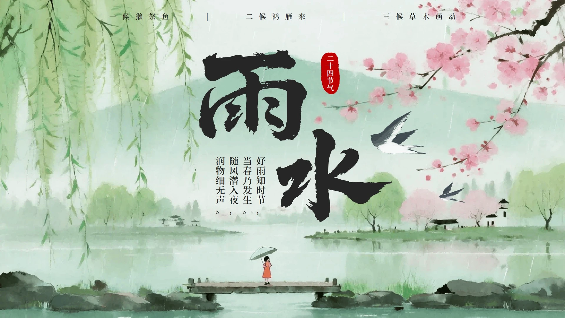 绿色中国风二十四节气之雨水封面PPT单页