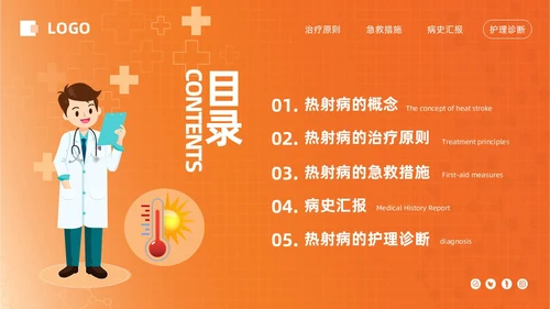 橙色简约热射病急救及护理措施PPT模板宣传PPT动态PPT