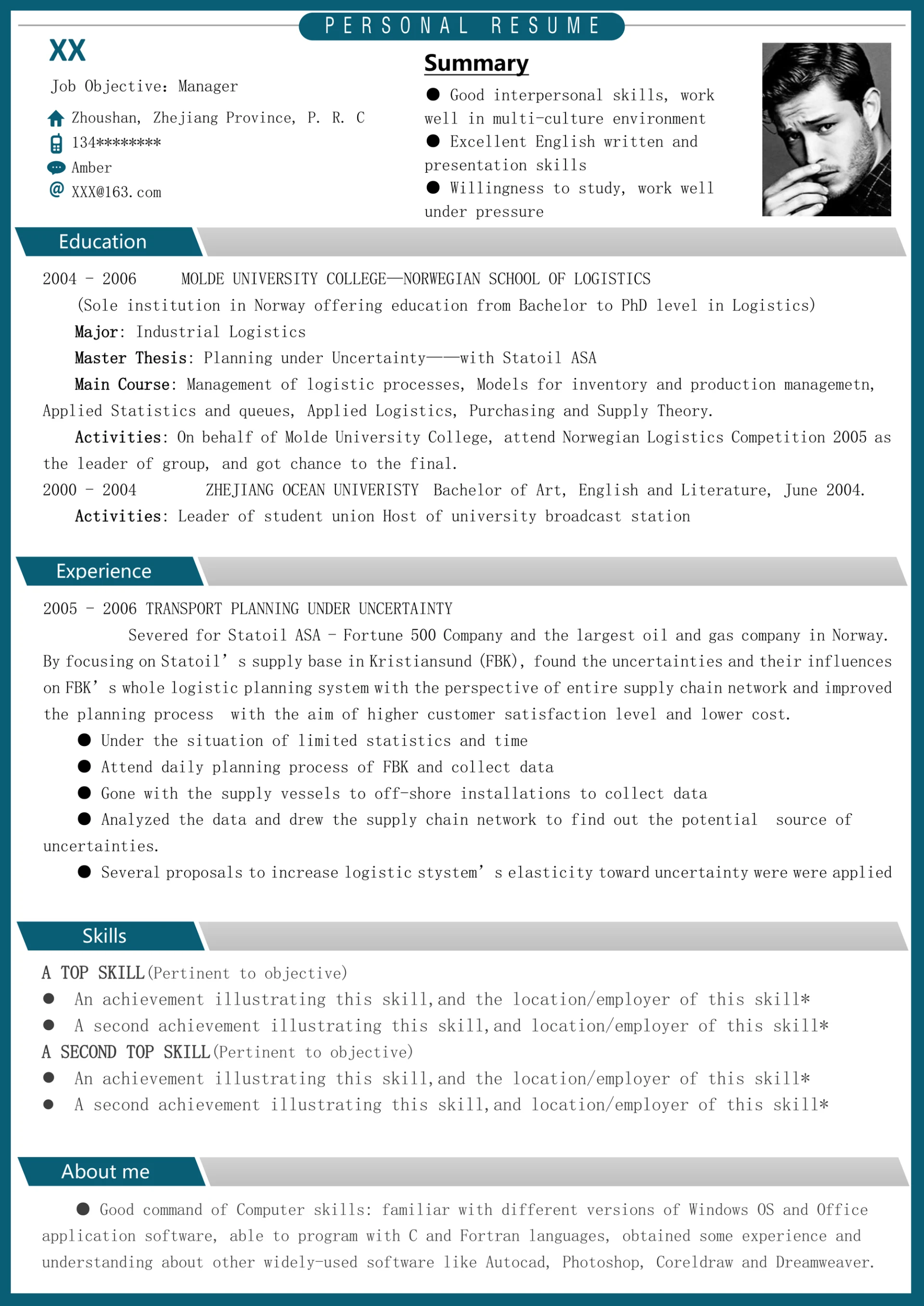 男士通用英文简历