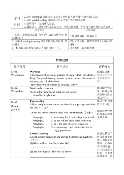 外研版八年级下册Module5 Cartoons Unit2教学设计（表格式）