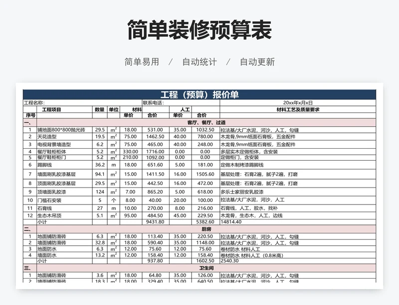 简单装修预算表