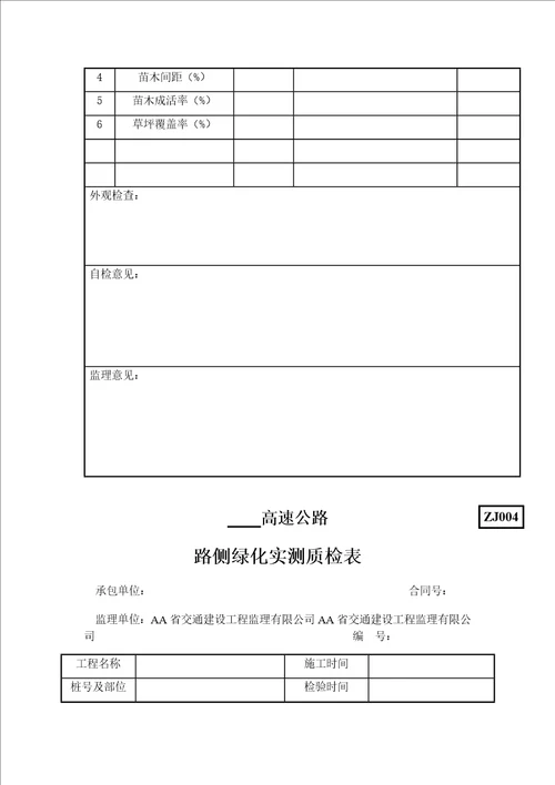 公路环保绿化质量检验用表