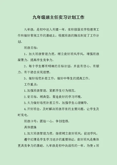 九年级班主任实习计划工作范文