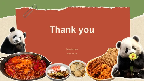 红色撕纸风成都美食与熊猫之旅旅行攻略PPT主题