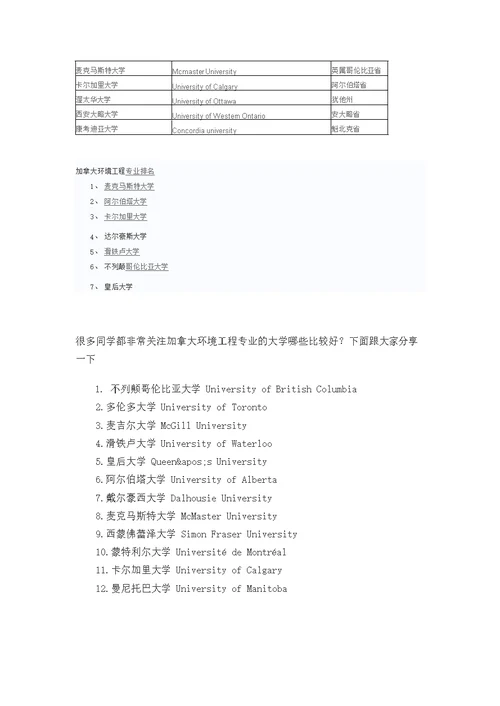 加拿大工程类大学排名资料