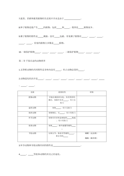 2023年苏教版八年级上册中考生物复习知识点总结填空.docx